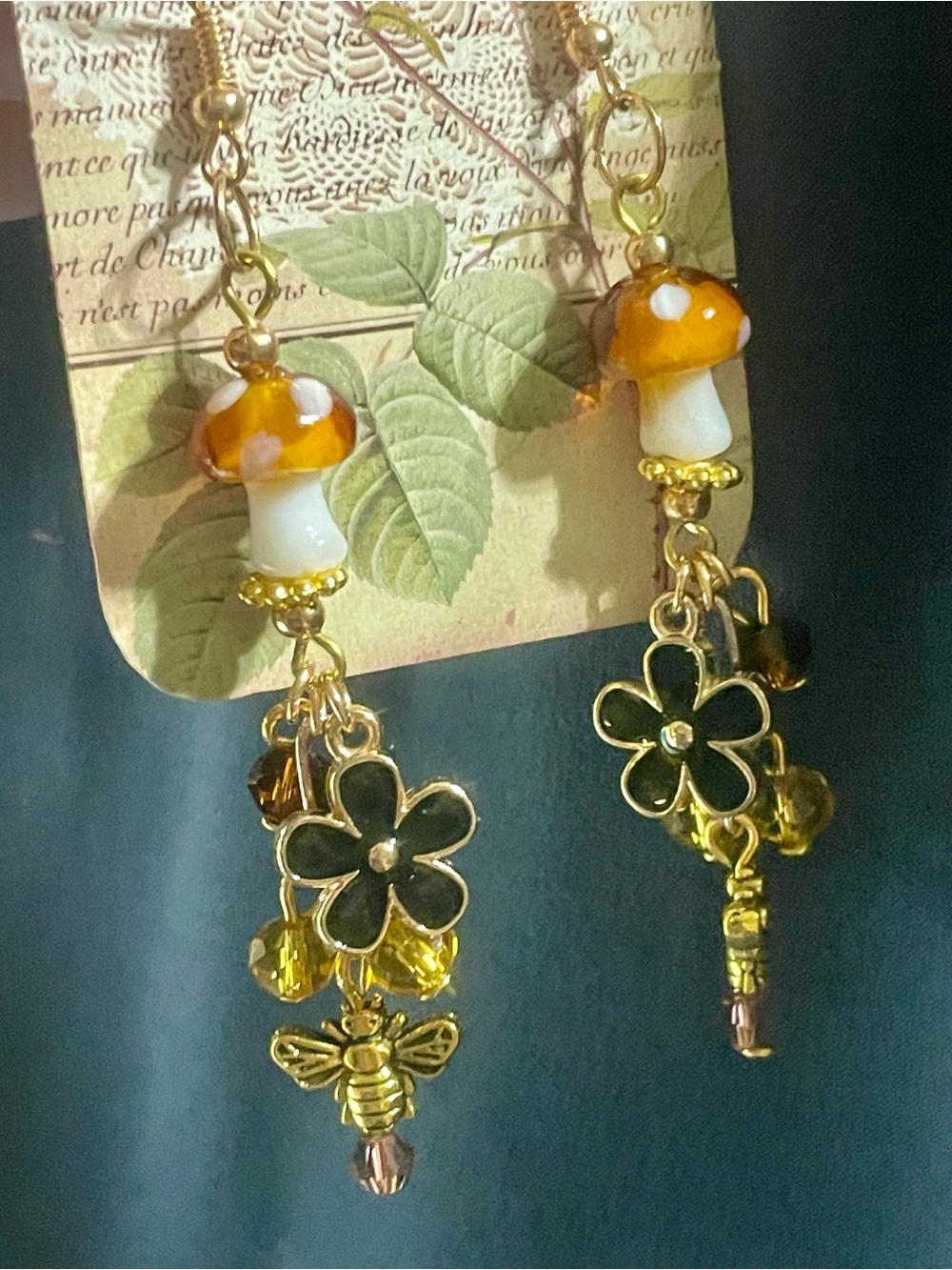 Hand Crafted Gold and Amber Mushroom Bee Dangle Earrings